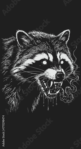 Ferocious Raccoon with Glowing Eyes and Eerie Smoke Black and White Illustration.