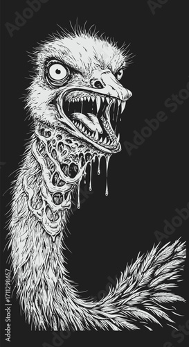 Monochrome Illustration of a Ferocious Decaying Ostrich.