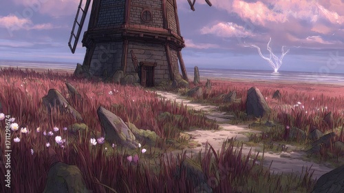 Windmill stands on a pink-grassy plain, path leads to it