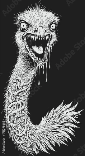 Grotesque Ostrich Monster with Dripping Saliva and Skeletal Neck Illustration.