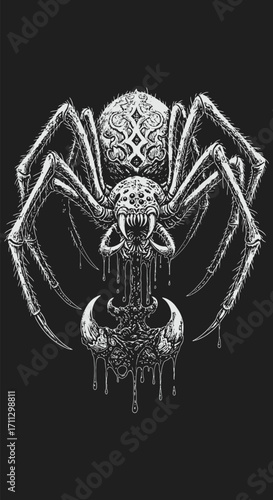 Detailed Illustration of a Spooky Spider with Dripping Organic Elements.