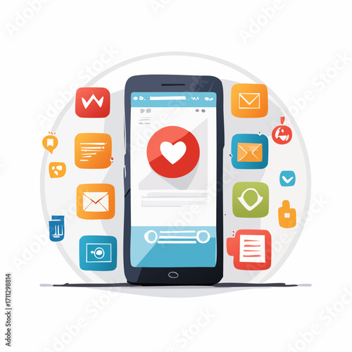 Social media marketing and digital advertising concept, smartphone with notification icons, online engagement, content creation vector, modern communication design, trendy colors
