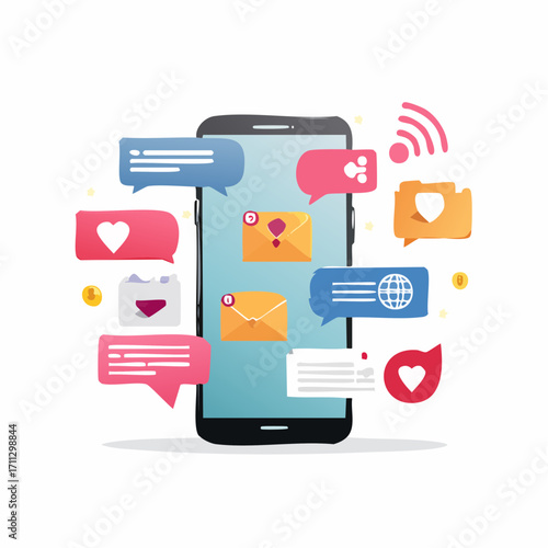 Social media marketing and digital advertising concept, smartphone with notification icons, online engagement, content creation vector, modern communication design, trendy colors
