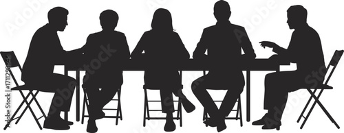 Flat vector illustration of a group of business professionals having a discussion around a table in a meeting room setting