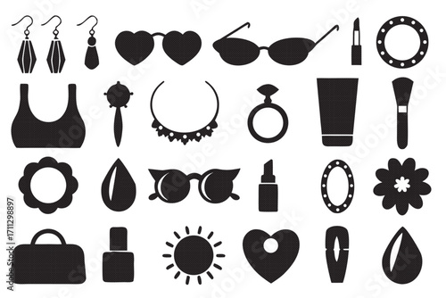 Beauty and fashion silhouette collection illustration of accessories, makeup, jewelry and woman elements