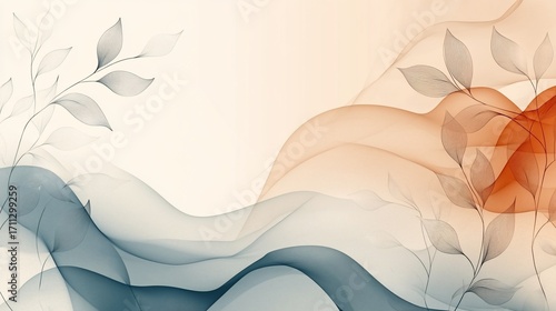 Elegant Abstract Wave Background with Line Art Leaves in Muted Tones