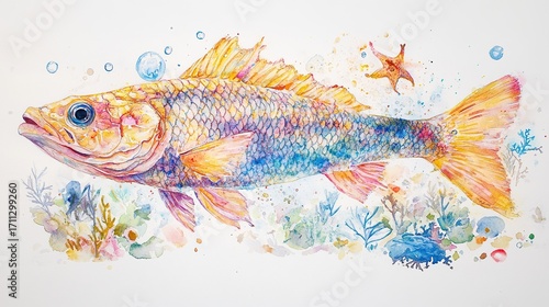 Watercolor painting of a fish swimming underwater among various sea creatures, soft washes of color, 
