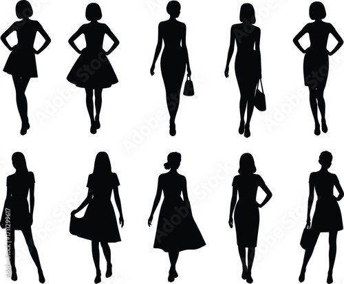 Fashionable Women Silhouettes, Stylish Ladies in Dresses, Beautiful Female Models in Different Poses, Vector Illustration for Design Projects