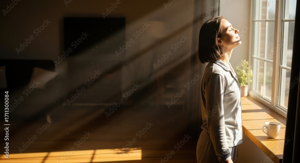 Obraz premium Woman basking in sunlight near window with coffee cup, dust motes visible.