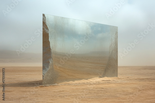 Large mirror reflects endless desert, creating surreal optical illusion.