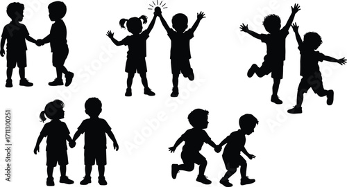 Kids Holding Hands Silhouettes, Happy Boys and Girls Together, Childhood Friends Playing, Children with Fun and Joy Vector Illustration