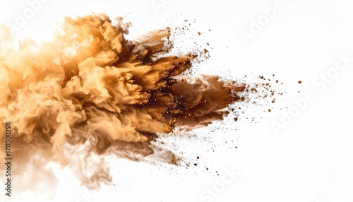 Abstract cloud of brown dust exploding outward against a white background, resembling smoke or earth particles in dynamic motion