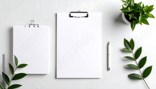 Blank stationery, clipboard, notepad, and plant on a white surface