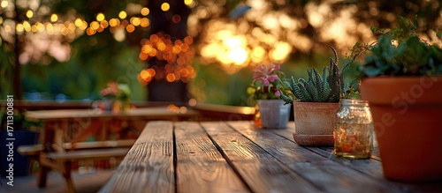 Cozy outdoor restaurant seating area illuminated by warm fairy lights at dusk.