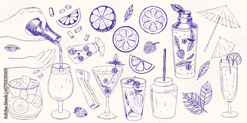 Hand pouring cocktail ingredients with citrus fruits berries and bar tools in a sketched style