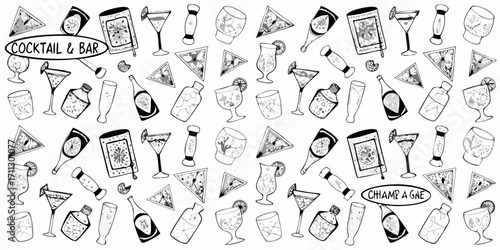 Hand drawn cocktail and bar assortment with champagne bottles and glasses