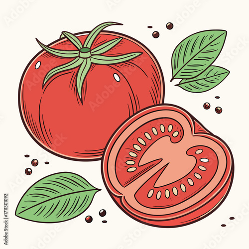 Fresh tomato with basil leaves and peppercorns lying around it, isolated on white