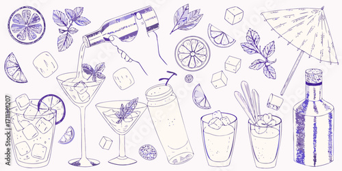 Hand drawn collection of cocktail ingredients and bar tools with purple line art on a light background
