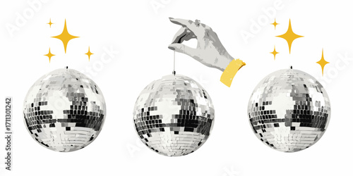 A stylized hand holding a disco ball with two other disco balls and sparkling stars on a white background