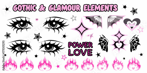 Gothic and glamour elements collection featuring eyes wings hearts flames and stars