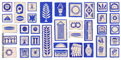 Collection of ancient greek and roman inspired illustrations in blue and beige tones