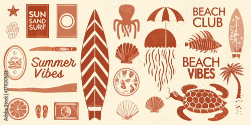 Collection of summer beach icons and text elements featuring sun sand surf and beach vibes