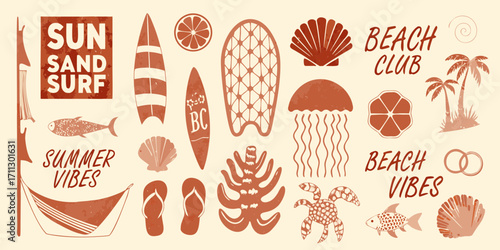 Collection of summer beach elements including surfboards palm trees jellyfish and seashells