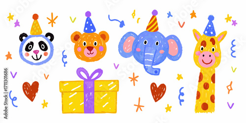 Cute cartoon animals wearing party hats with gifts and confetti celebrating a birthday party