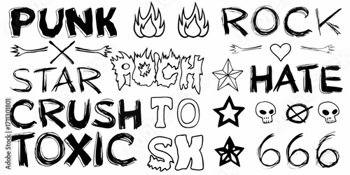Hand drawn punk rock style graphic elements and text with skulls stars and flames