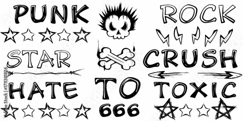 Collection of hand drawn punk rock and heavy metal graphic elements and text