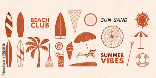 Beach club summer vibes with sun sand and tropical elements collection