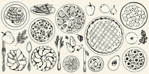 Hand drawn sketch of various delicious food items and ingredients arranged on a light background