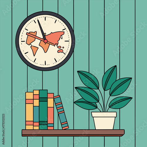 Stylish world map clock watches over books and potted plant in a room