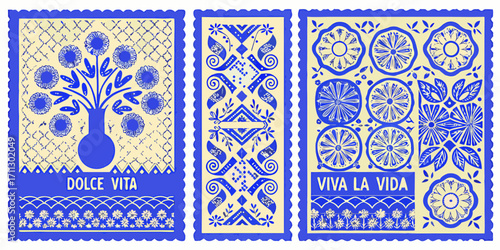 Triptych of vibrant blue and cream folk art panels featuring floral motifs and inspirational phrases