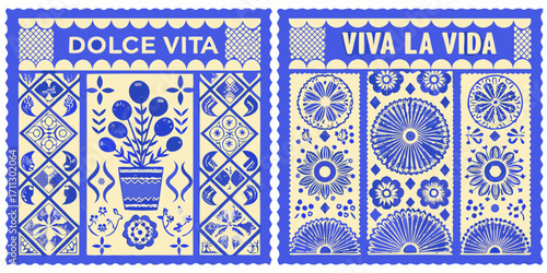 Traditional mexican papel picado art with dolce vita and viva la vida text and floral designs