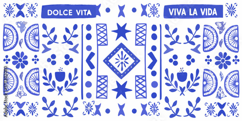 Vibrant blue and white folk art pattern with dolce vita and viva la vida text