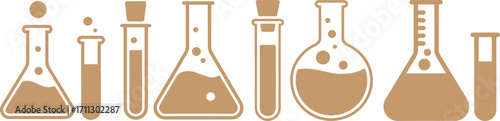 Vector illustration of laboratory glassware including test tubes, beakers, and flasks used in science experiments, chemistry research, medical labs, and education concepts.