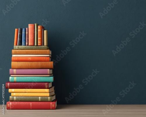 A tall stack of colorful hardcover books placed against a dark teal-blue wall, sitting atop a light wooden surface