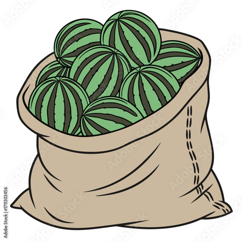 A rustic burlap sack overflows, brimming with green watermelons, creating a bountiful, summery image