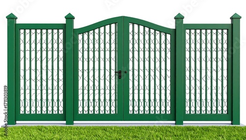 Green gate with decorative design