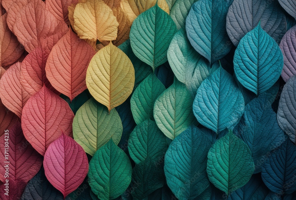 Fototapeta premium Colorful leaves arranged showing spectrum gradation of colors. From orange to yellow, green, blue and purple. A harmonious nature display