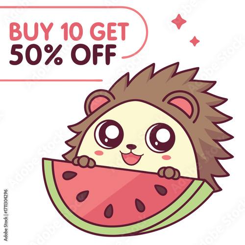 A cute hedgehog holds a watermelon slice while advertising fifty percent off purchases