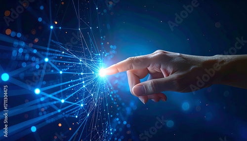 Discovering the future by touching a glowing digital network, unlocking innovation and data connections