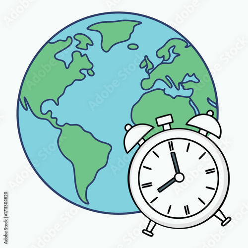 An alarm clock sits in front of the cartoonstyle Earth with a transparent background