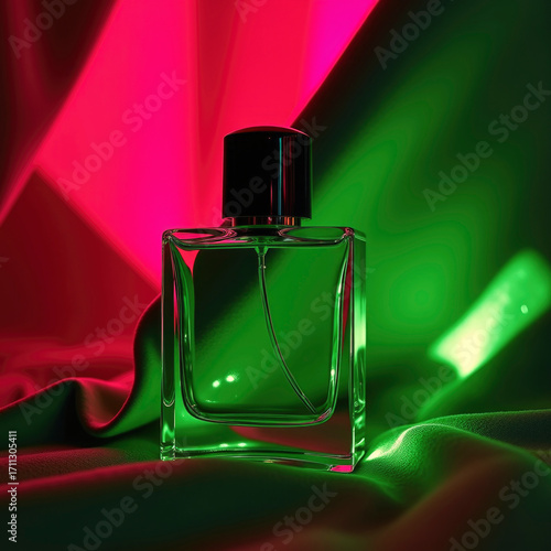 Empty Perfume Bottle Mockup on Vibrant Pink-Green Gradient Background with Light Reflections