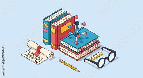 Illustration of books glasses and a diploma representing knowledge and education.