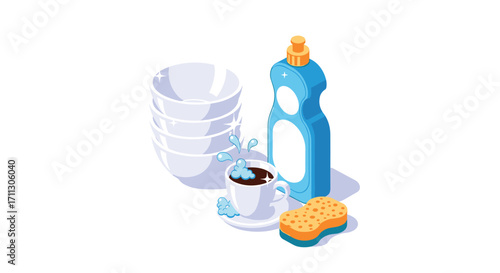 A stack of white ceramic bowls and a cup of coffee next to a bottle of dish soap and a sponge. .