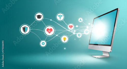 A modern computer monitor displays various service icons like health and education, representing the central role of technology in accessing online information