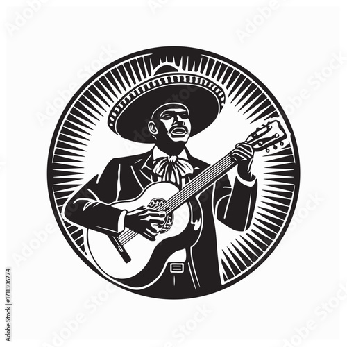 Charro Mariachi Singer Playing Guitar Mexico logo vector on white background