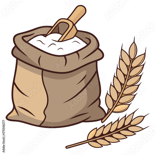 Cartoon sack filled with flour and a scoop alongside wheat stalks on a white background